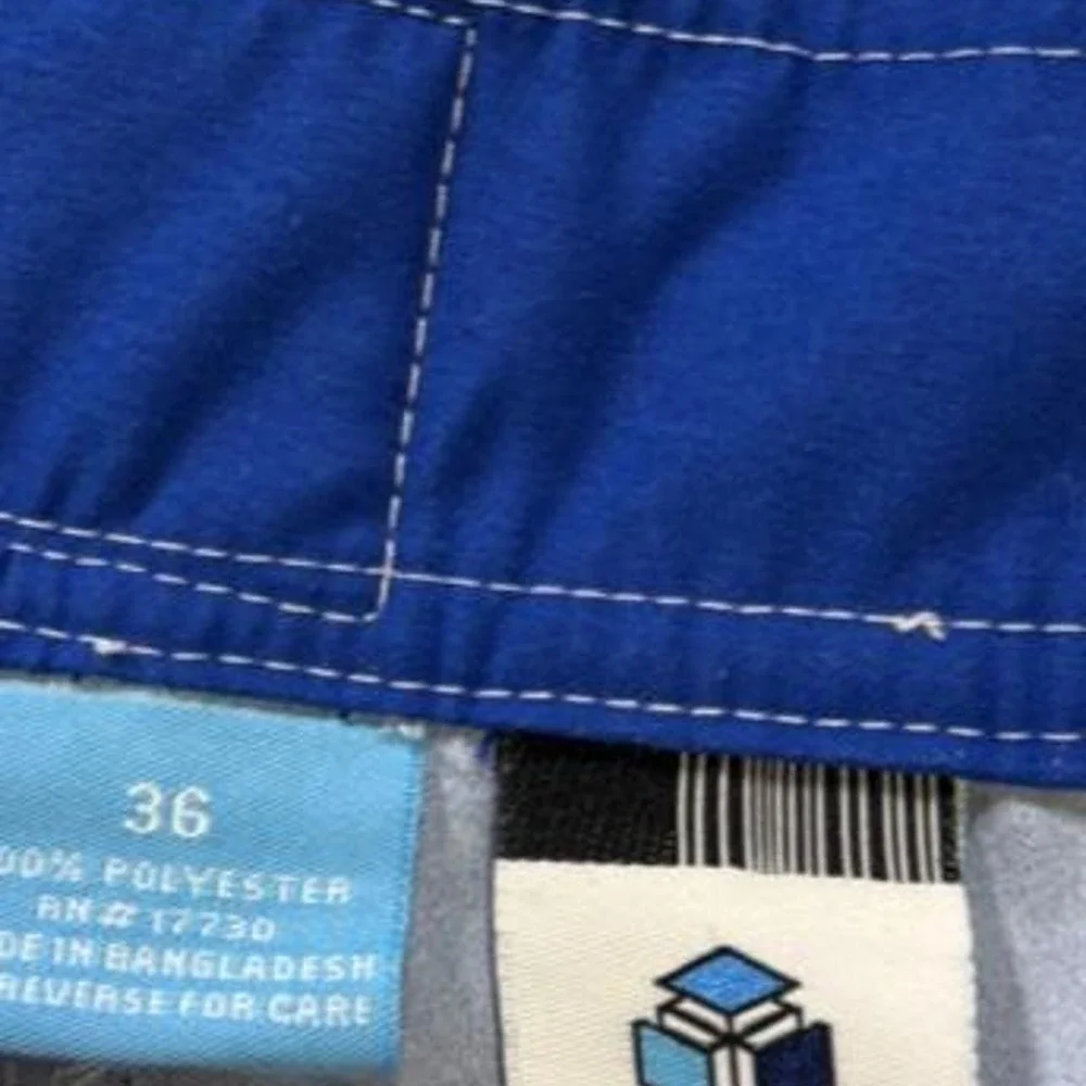 Phys Sci Mens Blue Board Shorts Size 36 Y2K Yellow Stripe Cargo Swim Trunks
